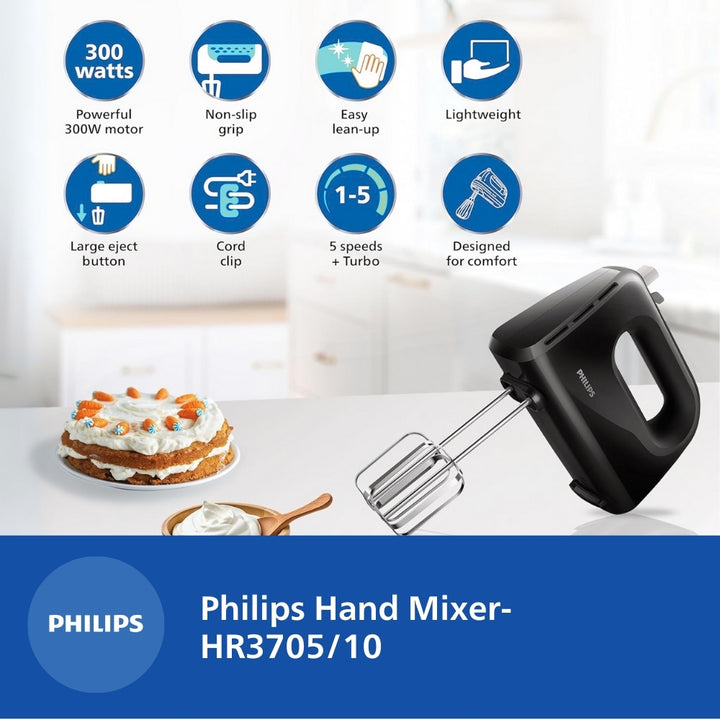 Philips Daily Hand Mixer 300W 5 Speed Black Hr3705 10