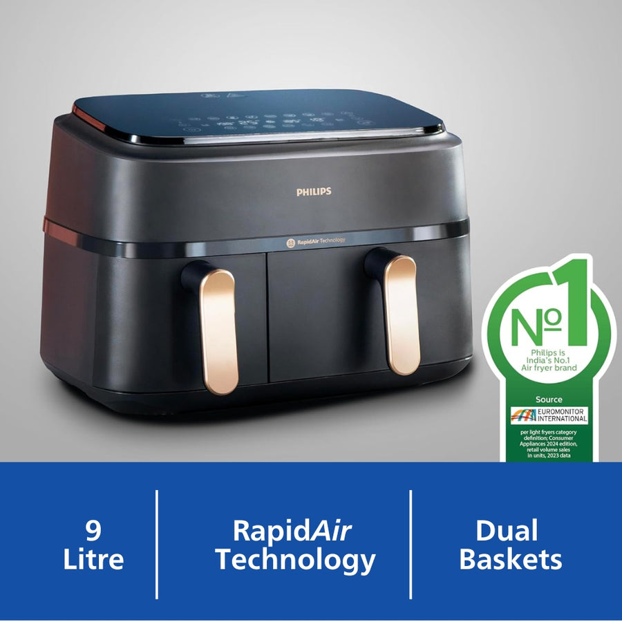 Philips 9L Airfryer With Dual Baskets For Full Tray Cooking 8 Preset Menus Na352 00