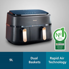 Philips Domestic 9L Airfryer With Dual Baskets For Full Tray Cooking 8 Preset Menus Na352 00