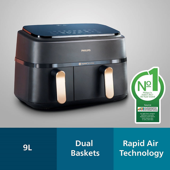 Philips Domestic 9L Airfryer With Dual Baskets For Full Tray Cooking 8 Preset Menus Na352 00