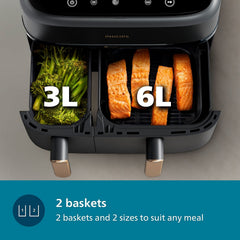 Philips Domestic 9L Airfryer With Dual Baskets For Full Tray Cooking 8 Preset Menus Na352 00