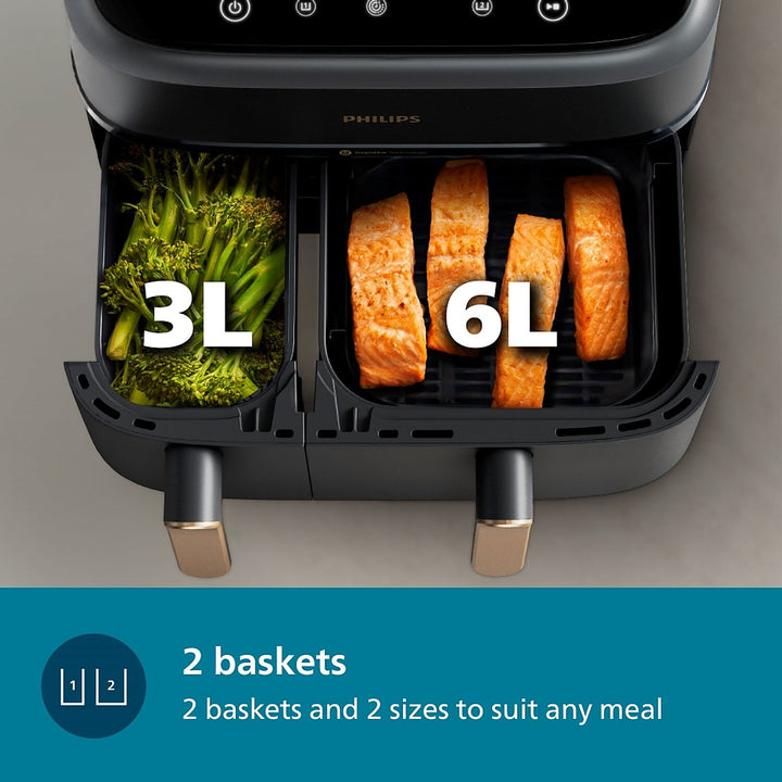 Philips Domestic 9L Airfryer With Dual Baskets For Full Tray Cooking 8 Preset Menus Na352 00