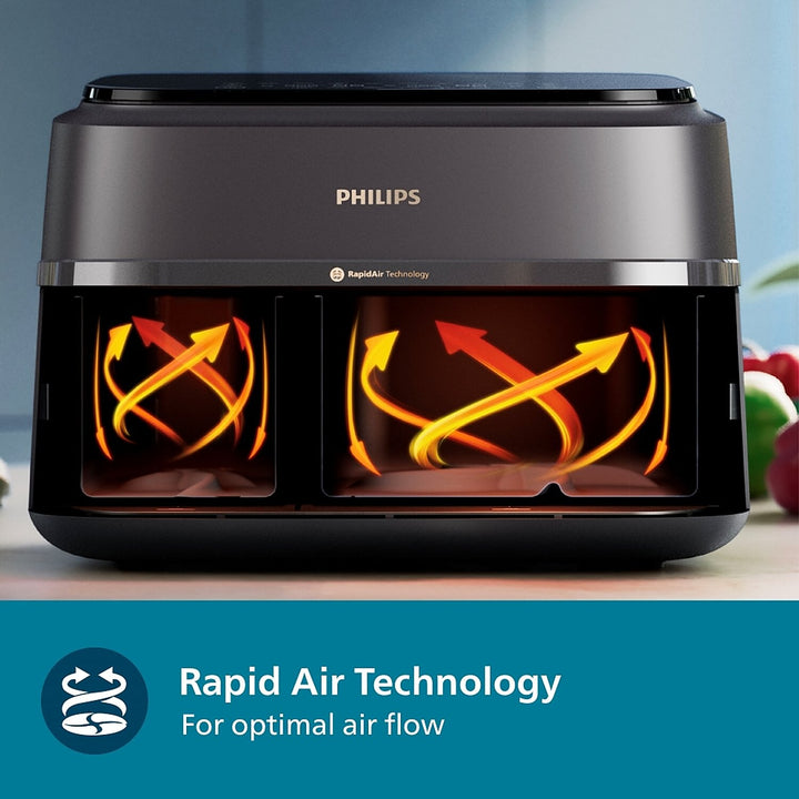 Philips Domestic 9L Airfryer With Dual Baskets For Full Tray Cooking 8 Preset Menus Na352 00