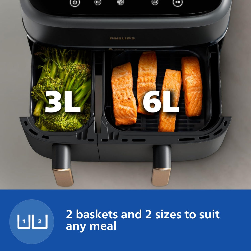 Philips 9L Airfryer With Dual Baskets For Full Tray Cooking 8 Preset Menus Na352 00