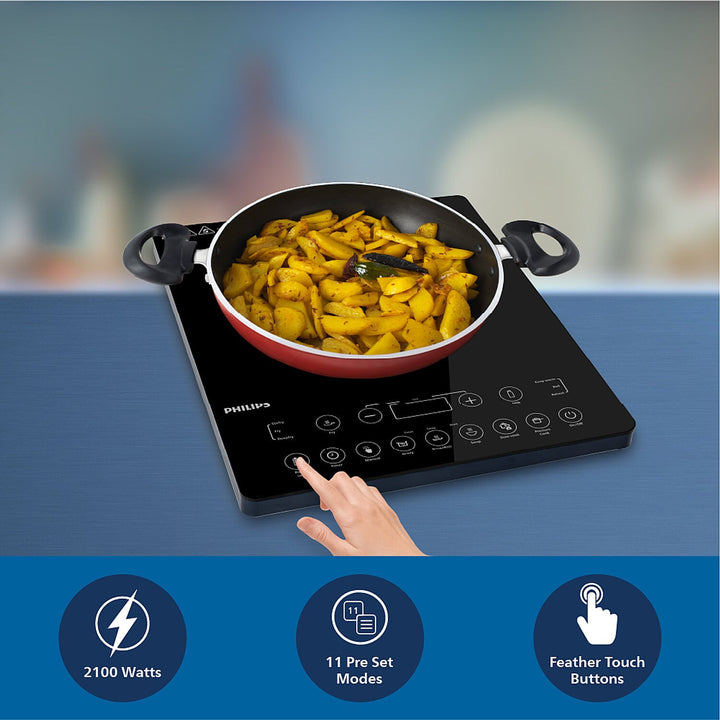 Philips Domestic 2100W Induction Cooktop With Triple Mov For 4Kw Surge Protection And Feather Touch Control Hd4995 00