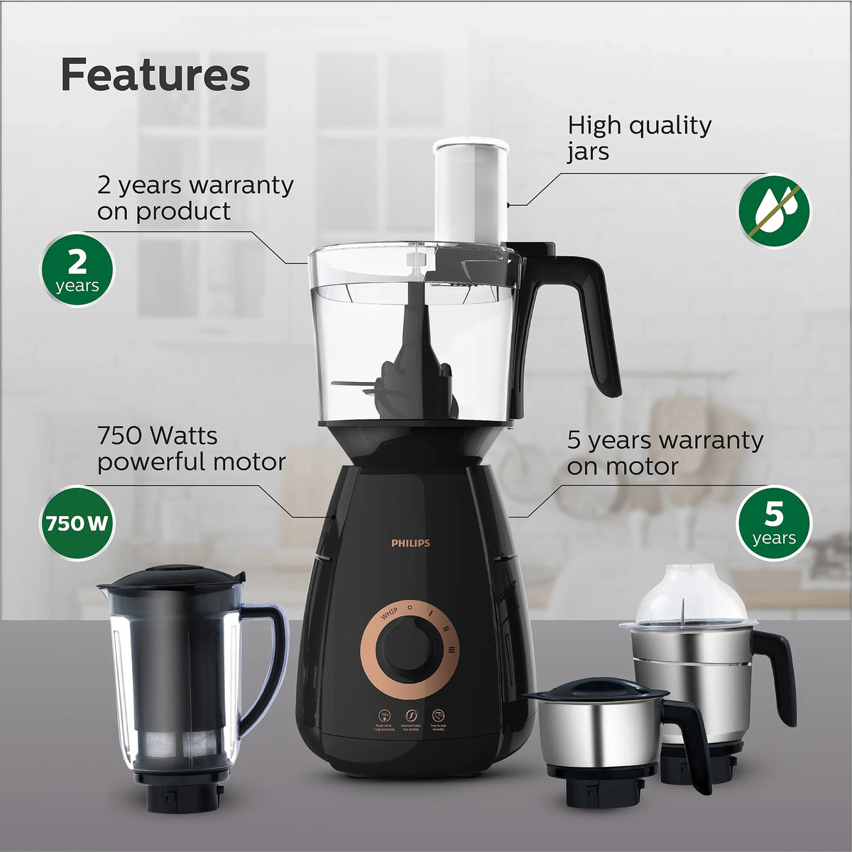 Philips 750 Watt Mixer Grinder With Food Processor Jar Hl7707 01